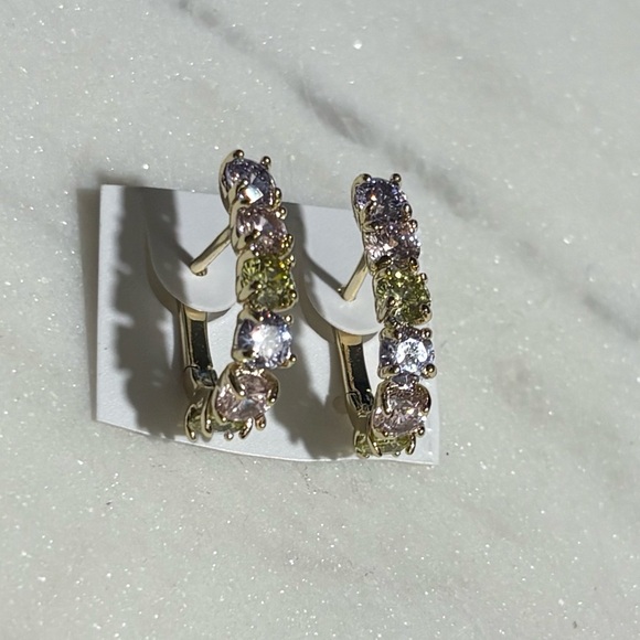 Multicolor Pastel Purple Pink Yellow Gemstone Hoop Gold Tone Earrings - Picture 15 of 15